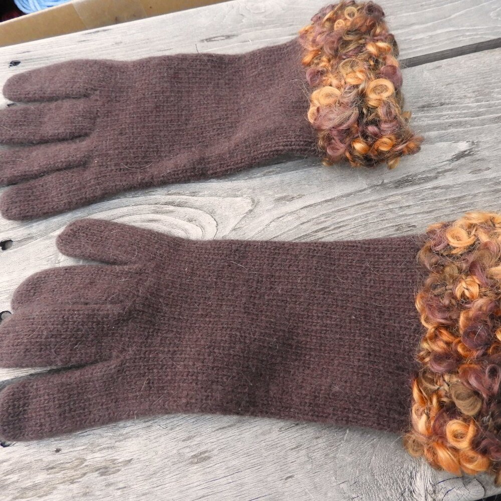 Vintage Dark Brown Angora Gloves Trimmed w/Multi Brown Mohair Cuff - NEW